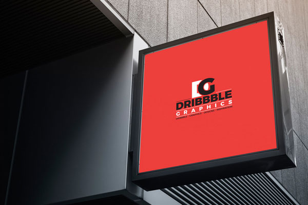 Low Angle View Stick-out Signboard Mockup Outside Shop