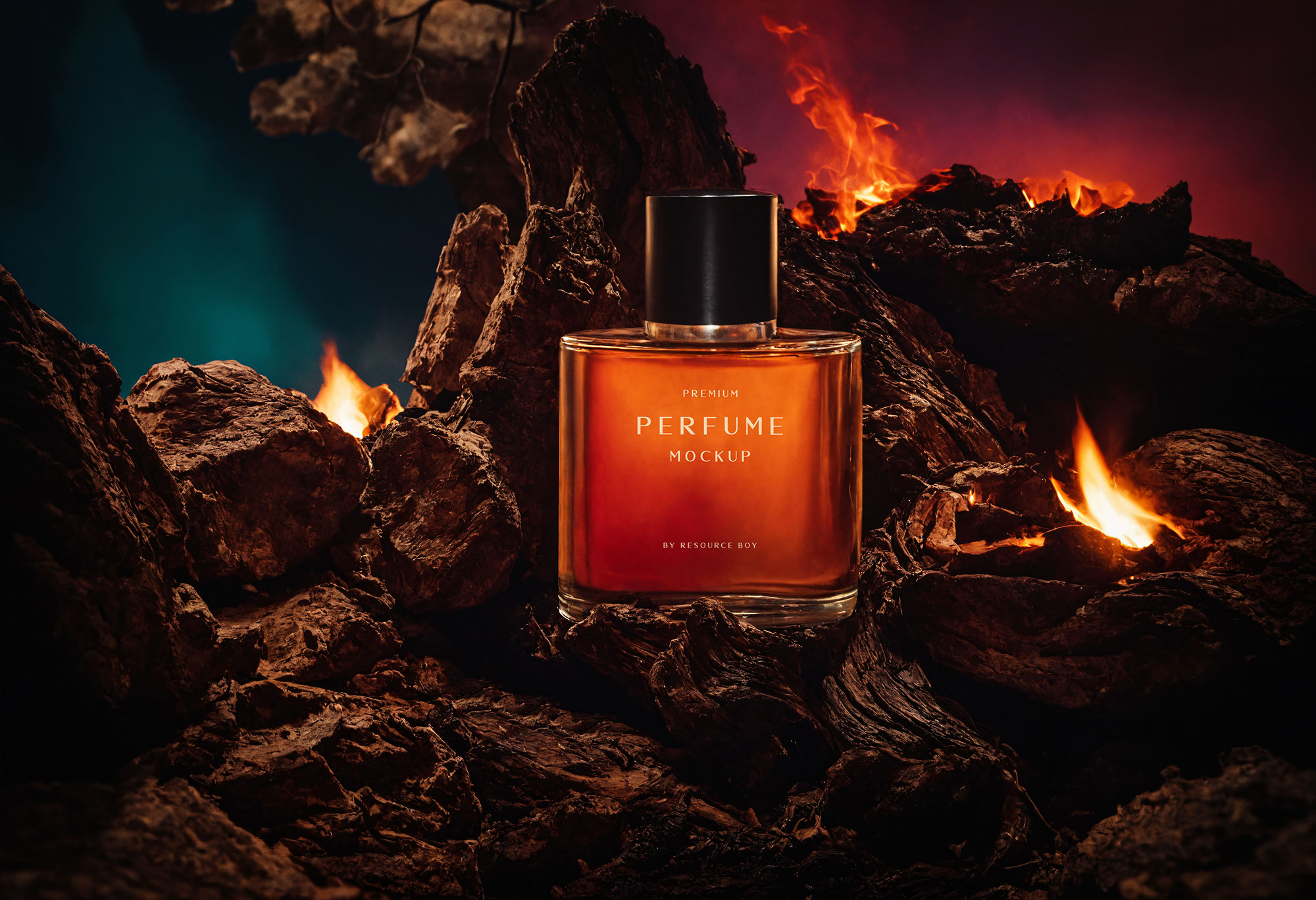 Luxury Perfume Mockup on Fiery Rocks - PSD Template