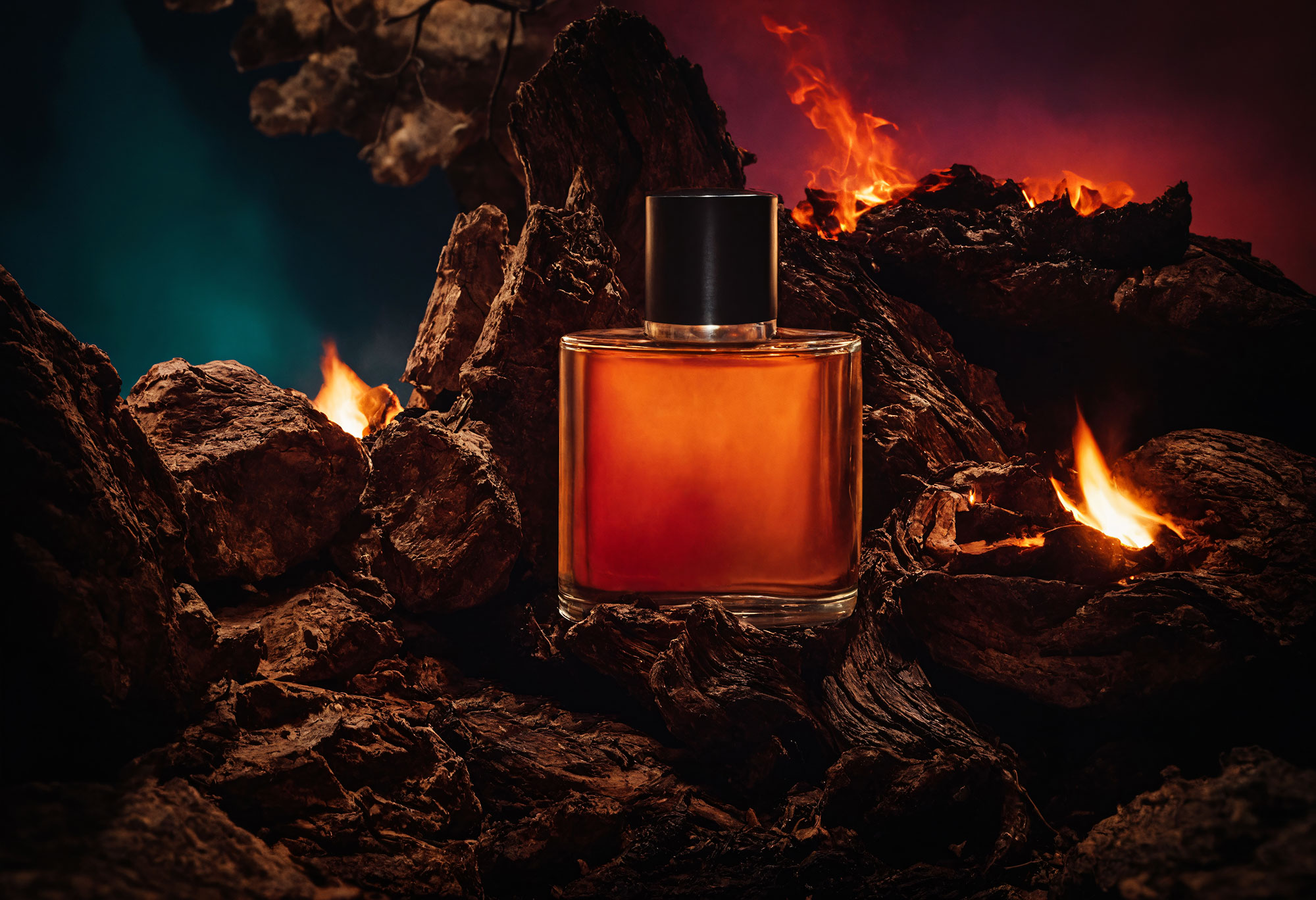 Luxury Perfume Mockup on Fiery Rocks - PSD Template
