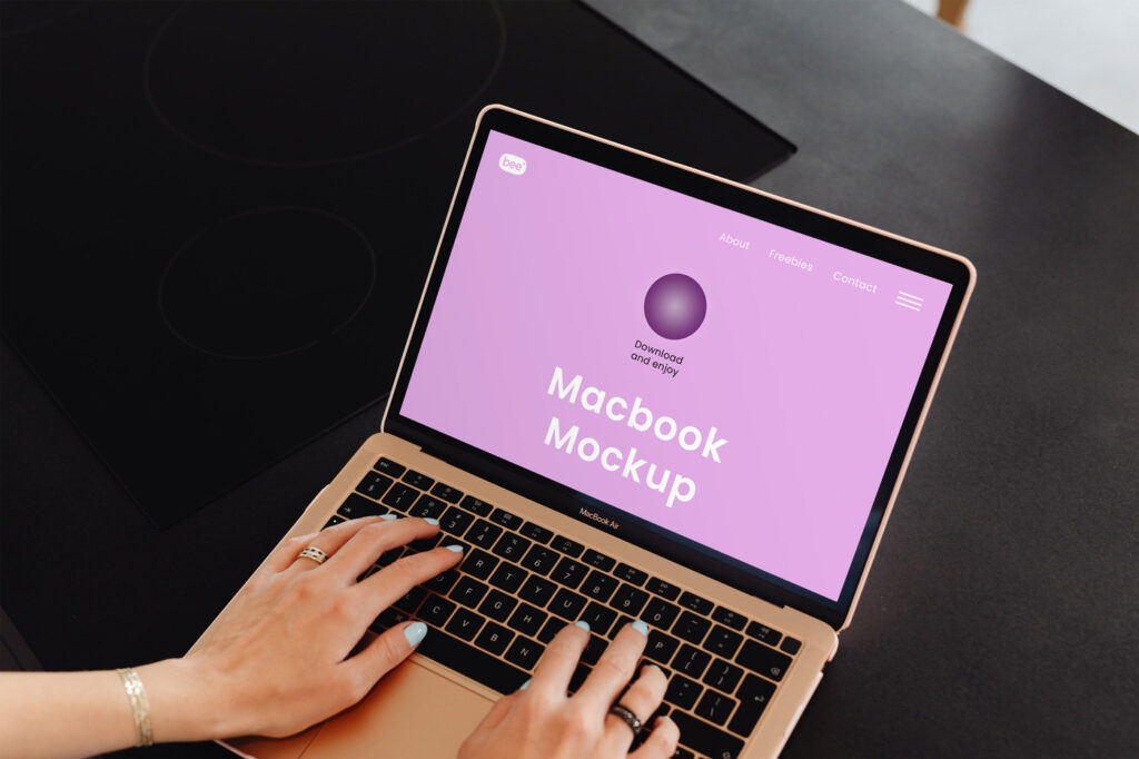 MacBook Air Mockup with Hands in Perspective View