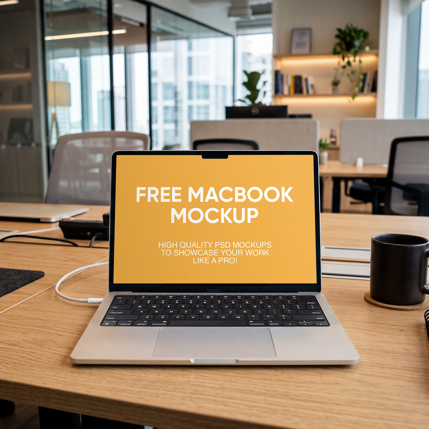 Free MacBook on Office Desk Mockup PSD Template