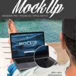 3 MacBook Pro, iPhone XS, Apple Watch Mockups in Outdoor Setting mockup preview