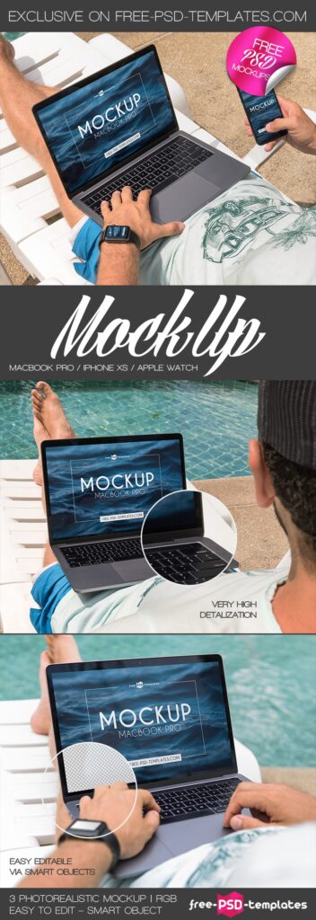 3 MacBook Pro, iPhone XS, Apple Watch Mockups in Outdoor Setting mockup preview