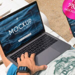 3 MacBook Pro, iPhone XS, Apple Watch Mockups in Outdoor Setting mockup preview