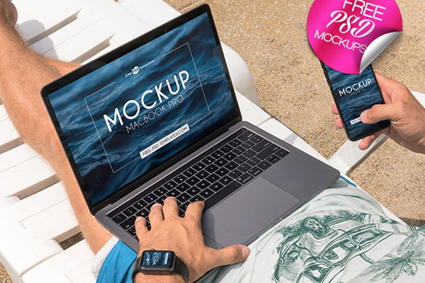 3 MacBook Pro, iPhone XS, Apple Watch Mockups in Outdoor Setting