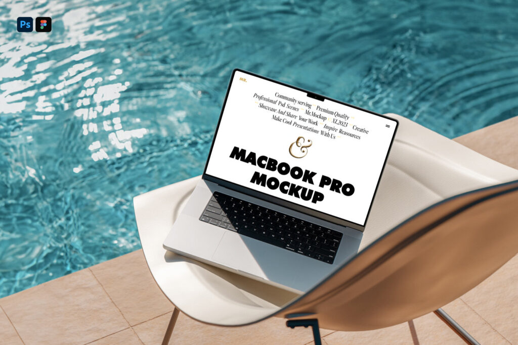 MacBook Pro Mockup at the Pool in Perspective Vision