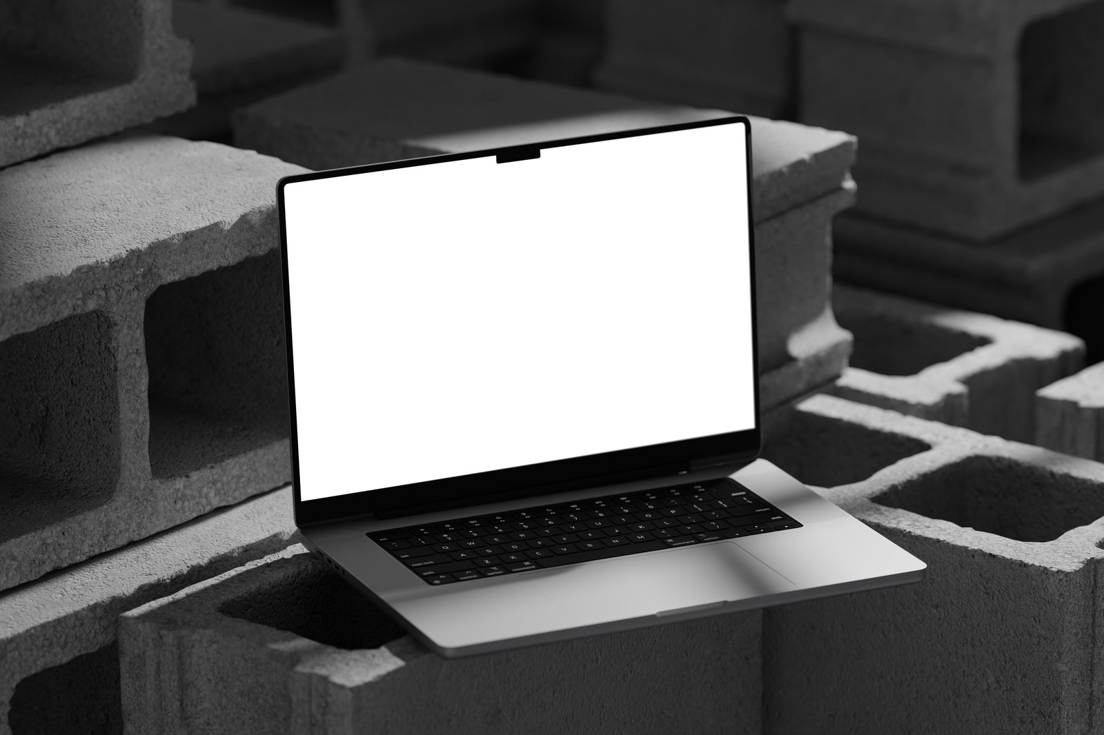 Free MacBook Pro Mockup on Bricks in Perspective Sight PSD Template