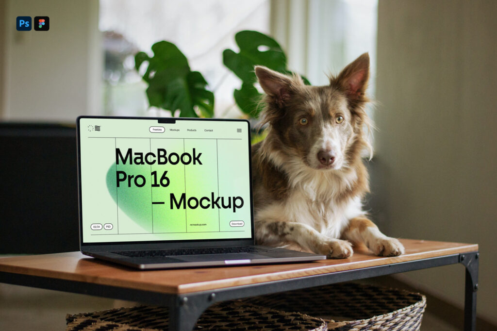 Macbook Pro Mockup with Doggy in Perspective View