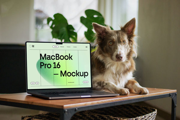 Macbook Pro Mockup with Doggy in Perspective View
