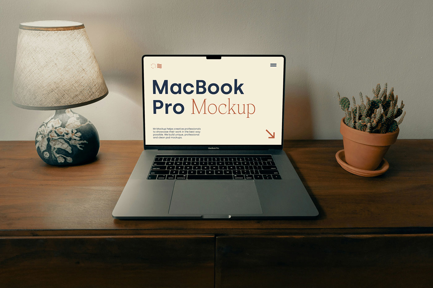 Free MacBook Pro on the Wooden Dresser Mockup PSD Template