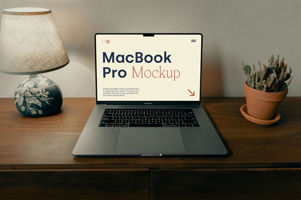 MacBook Pro on the Wooden Dresser Mockup