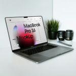 MacBook Pro on Wood Desk Mockup