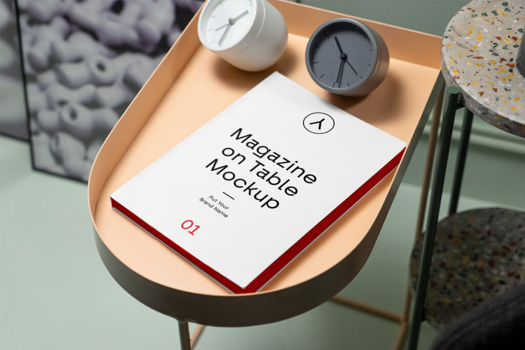 Magazine on Small Table with Internal View Background Mockup