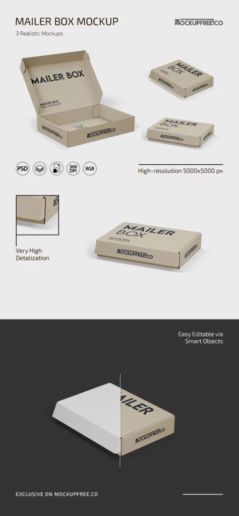 Mailer Box Mockup in 3 Sights