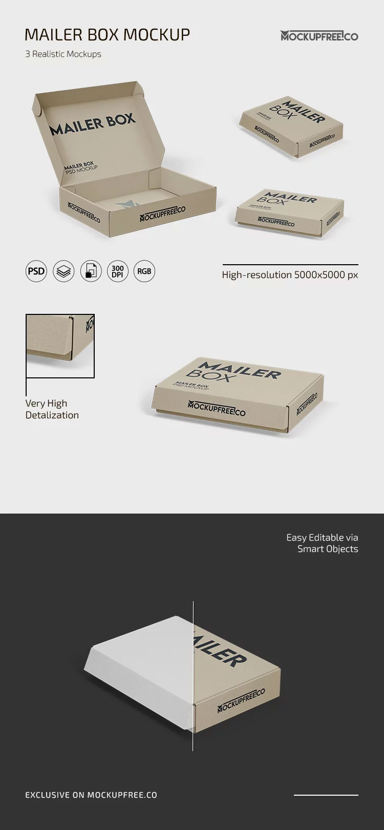 Free Mailer Box Mockup in 3 Sights PSD Template