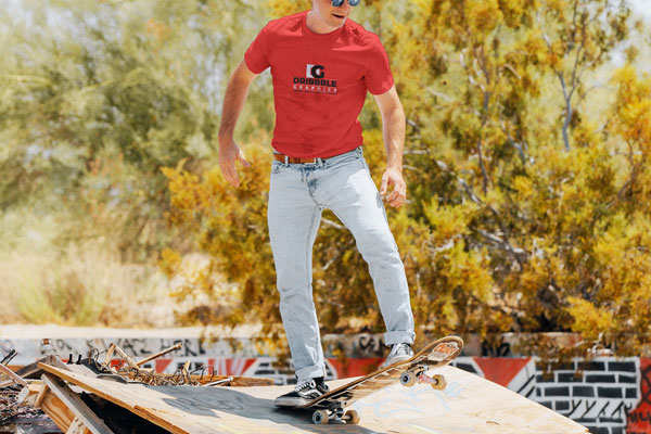 Man Model Skateboarding in Outdoor Environment Wearing T-Shirt Mockup