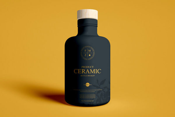 Matte, Ceramic Bottle with Wooden Lid standing in Front View Mockup