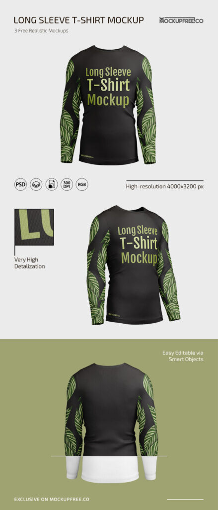 Men’s Long Sleeve T-shirt Back, Front, Perspective Views Three Mockups