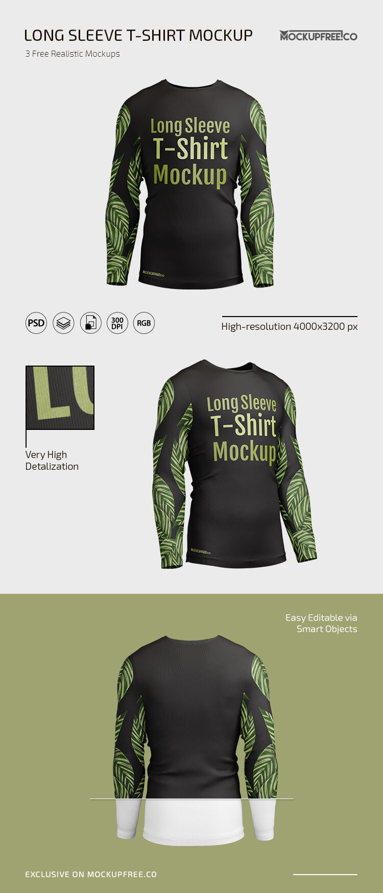 Men's Long Sleeve T-shirt Back, Front, Perspective Views Three Mockups FREE PSD