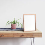 Metallic Photo Frame Mockup on Wooden Table