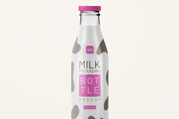 Milk Bottle in Shrink Sleeve Standing in Front View Mockup