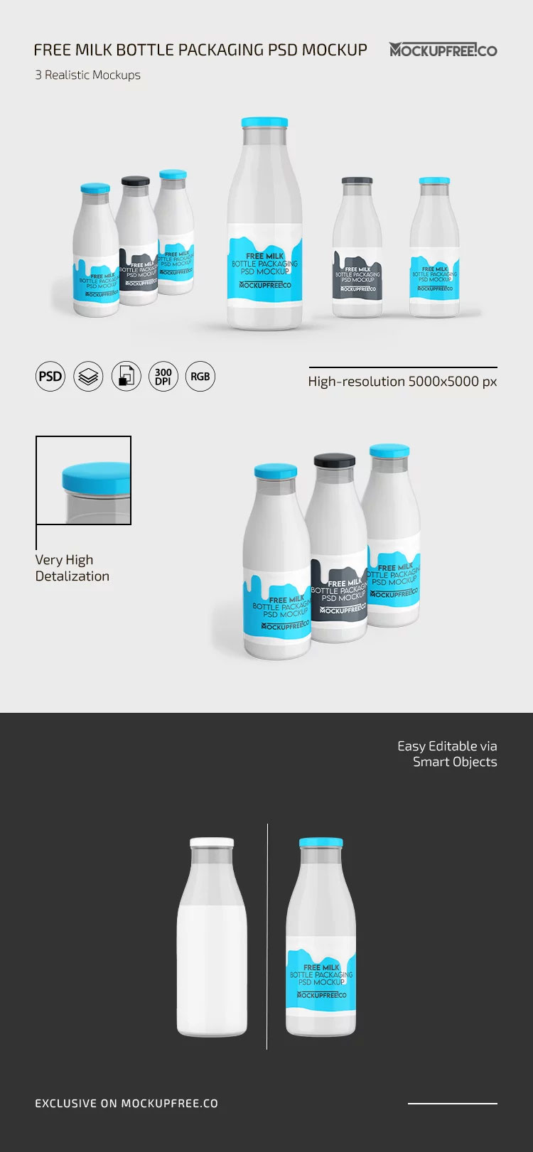 Free Milk Bottle Mockup in 3 Sights PSD Template
