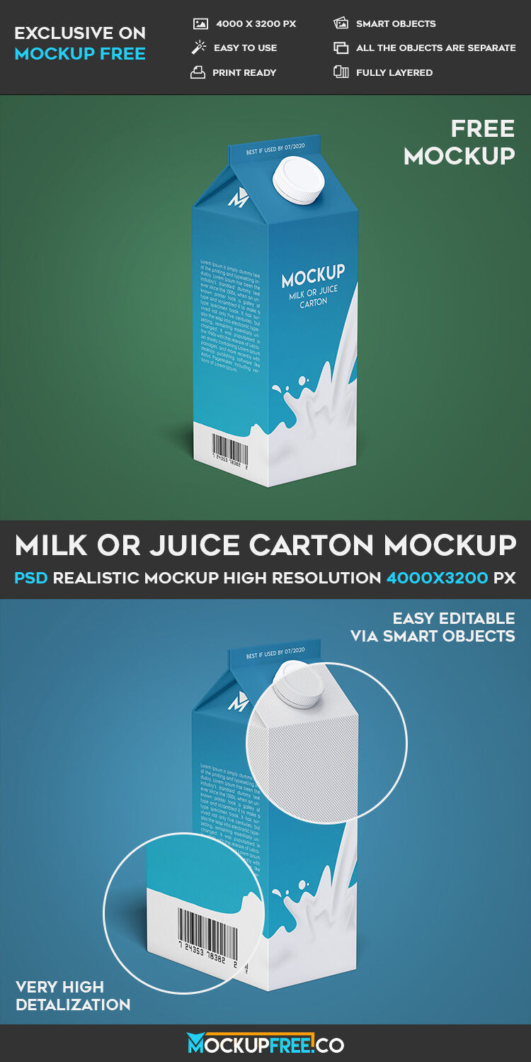 Milk Juice Carton Mockup in the Half-Side View FREE PSD