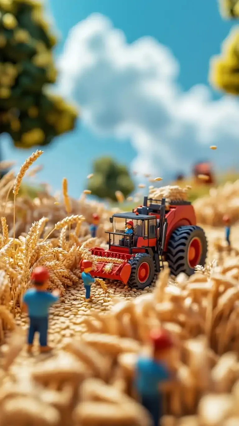 Miniature Farmers Harvesting Wheat