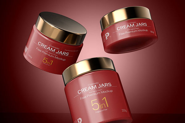 Minimalist Close-up Shot Mockup of 3 Floating Cosmetic Cream Jars