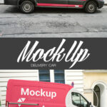 Minivan in City Street in the Side View Mockup
