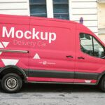 Minivan in City Street in the Side View Mockup