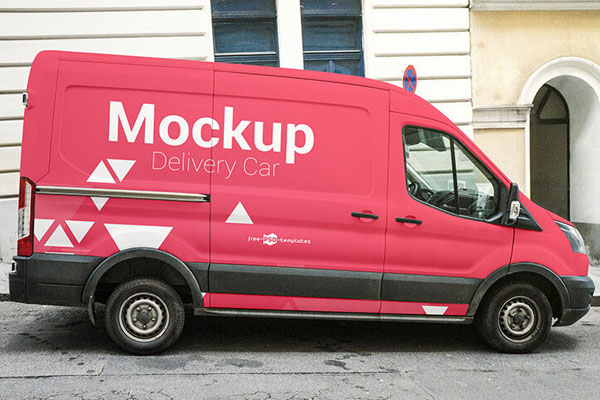 Minivan in City Street in the Side View Mockup