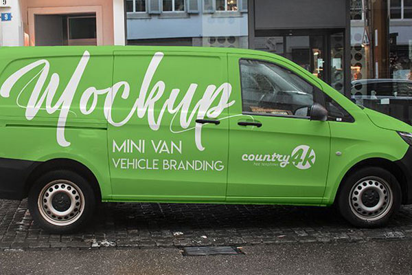 Minivan in City Streets in the Side View Mockup