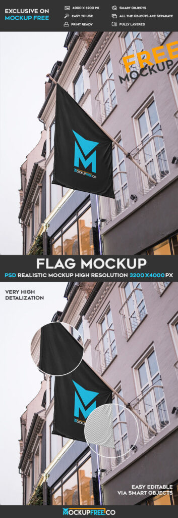 Mockup Featuring Lower Angle View of a Flag Mounted on a Wall