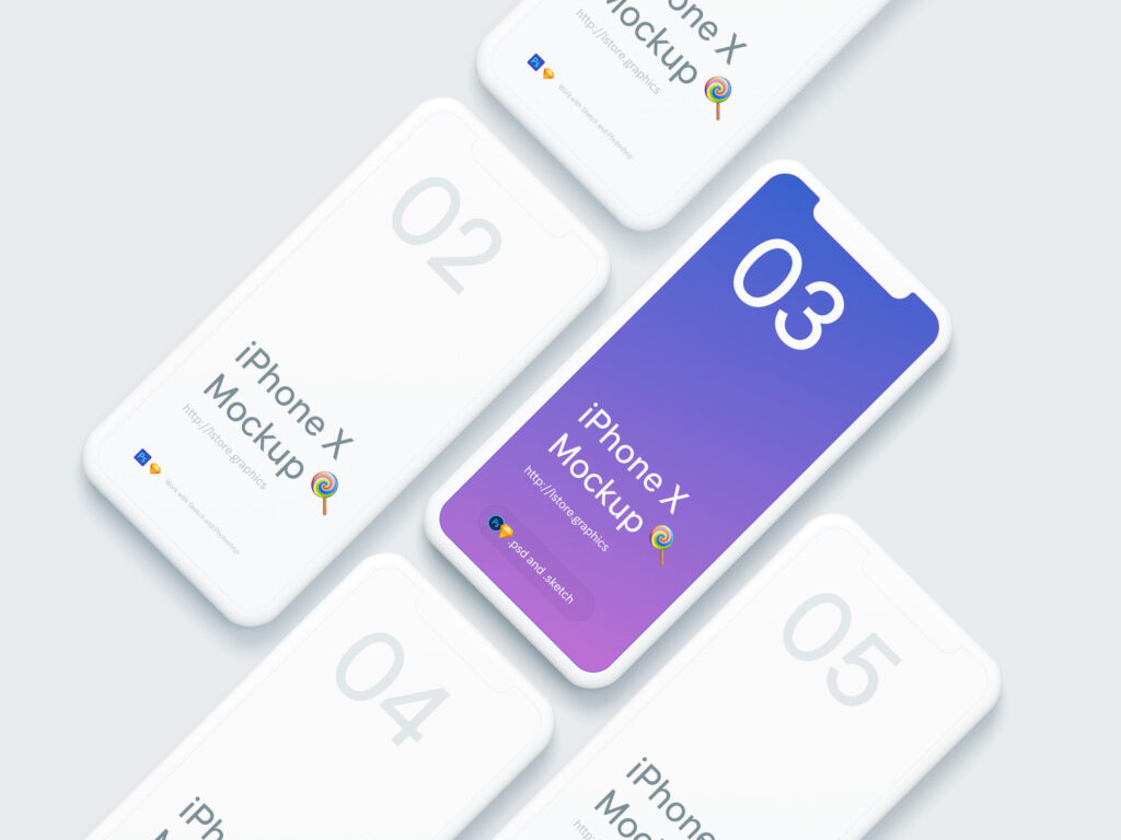 Mockup Displaying Overhead View of Five iPhone X