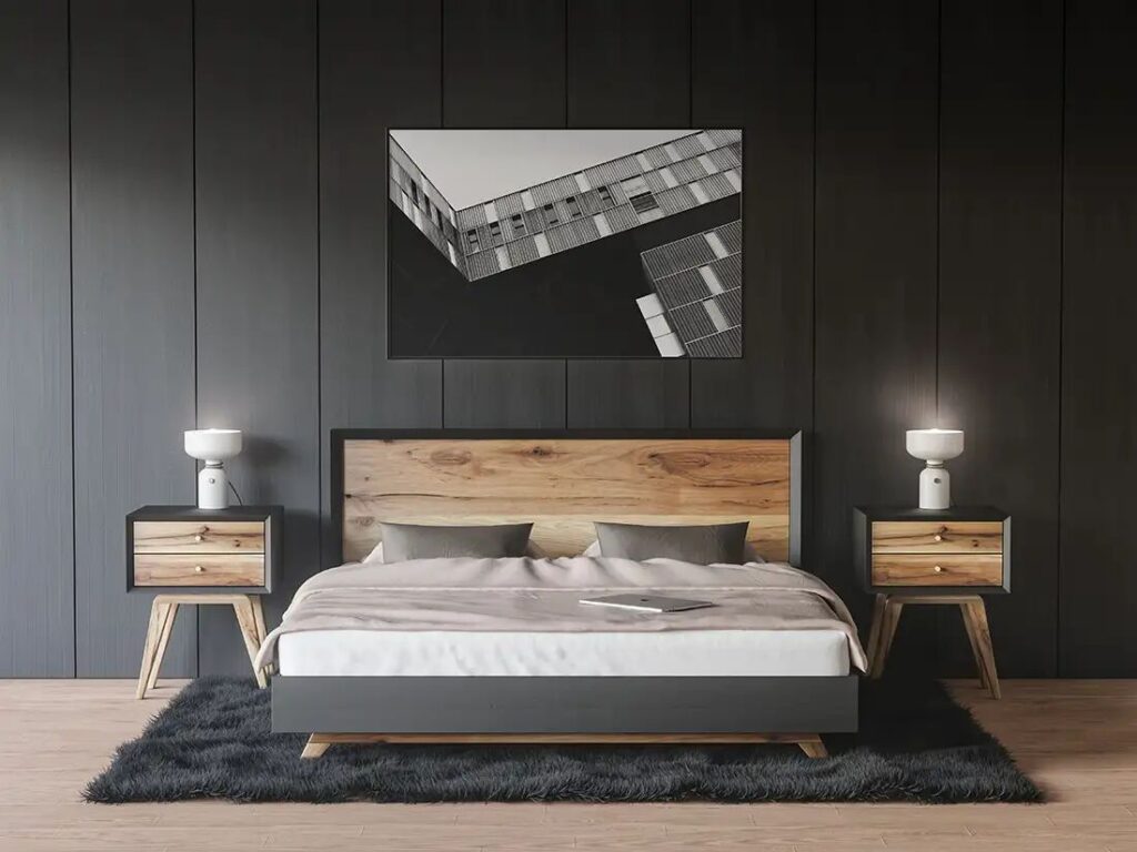 Mockup Displaying Poster Fixed on Top of the Bed in Modern Scene Bedroom
