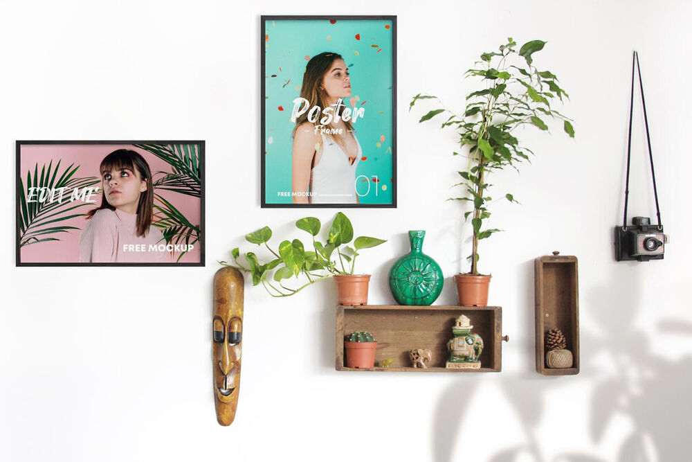 Mockup Featuring 2 Poster Frames in Vertical and Horizontal Version