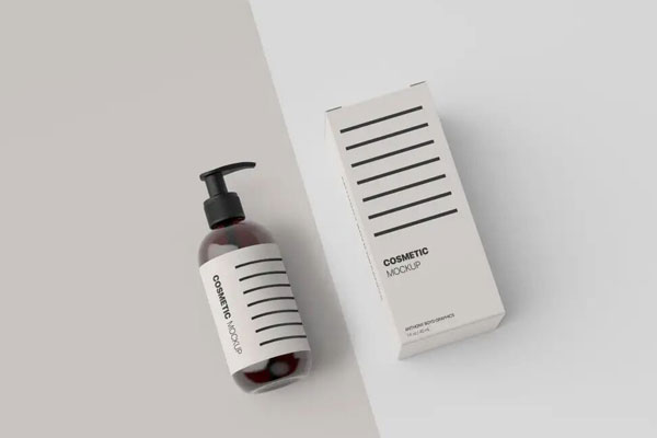 Mockup Featuring a Cosmetic Bottle with its Package on a Two-Toned Background
