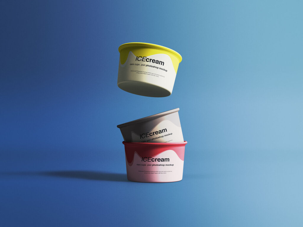 Mockup Featuring a Falling and Two Stacked Ice Cream Cups
