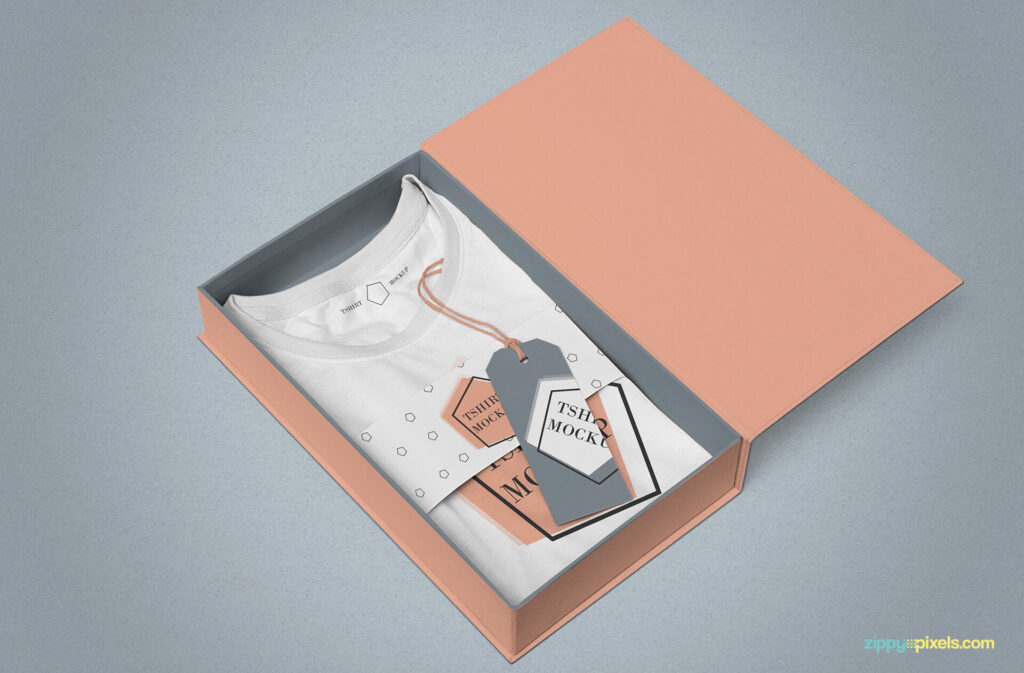Mockup Featuring a Folded T-Shirt in the Packaging Box in Perspective