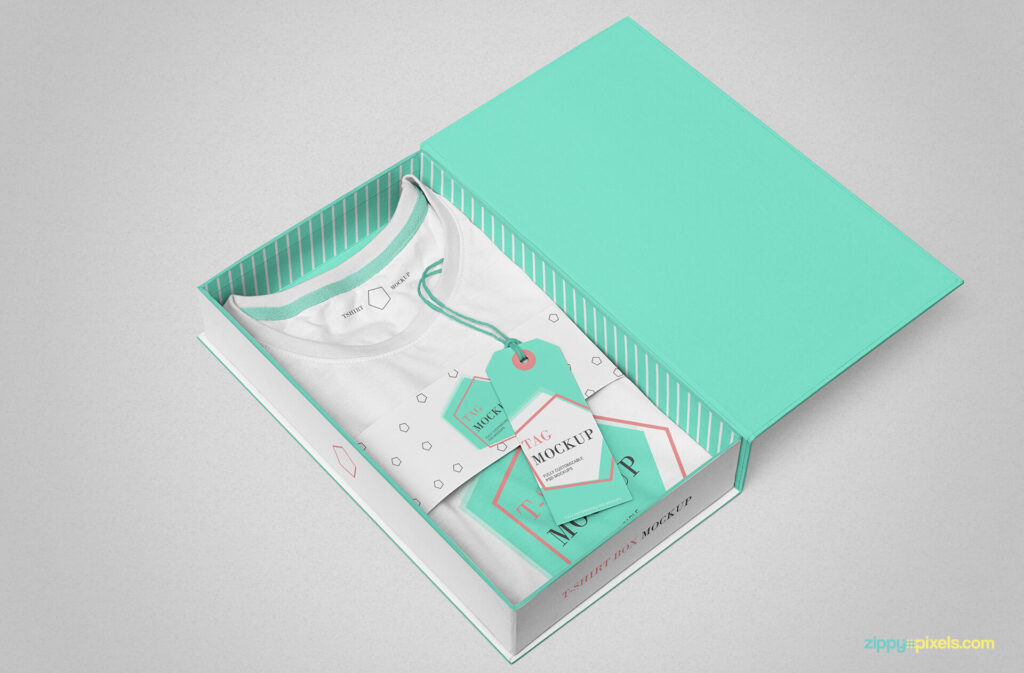 Mockup Featuring a Folded T-Shirt in the Packaging Box in Perspective