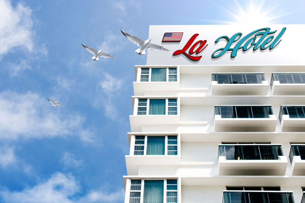 Mockup Featuring a Low Angle Shot of Hotel Building Logo
