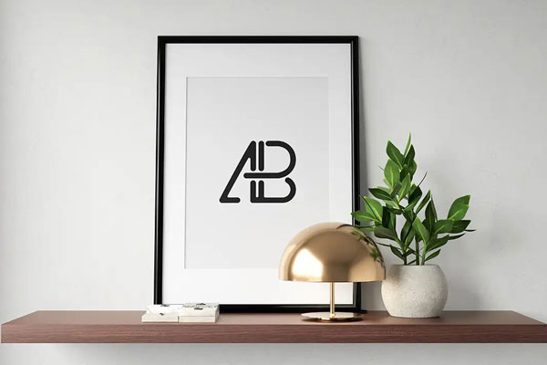 Mockup Featuring a Modernistic Poster on a Wooden Shelf