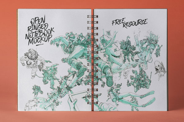 Mockup Featuring an Open Ringed Notebook on a Solid Background