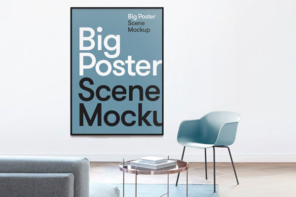 Mockup Featuring Big Poster on Wall with Furniture Around