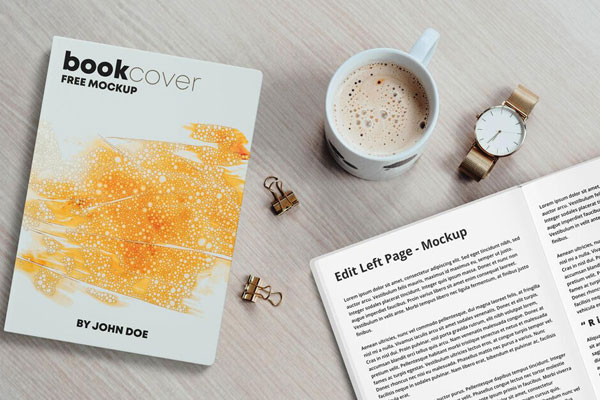 Mockup Featuring Book Cover, Pages, Watch and Coffee