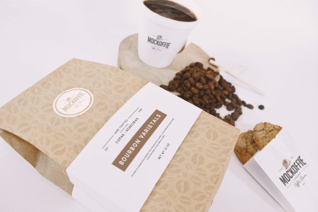 Mockup Featuring Coffee and Cookie Bags and Coffee Cup