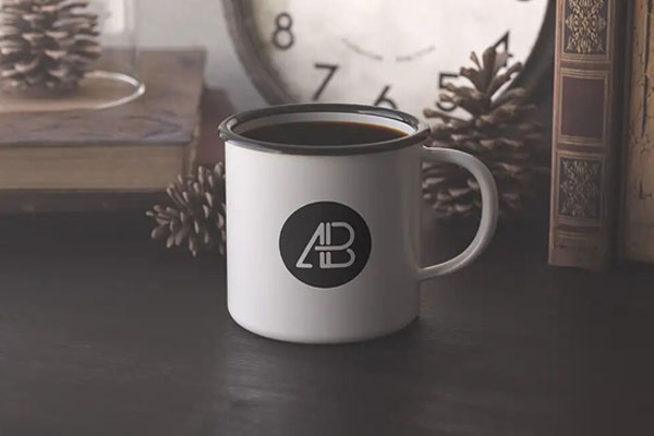 Mockup Featuring Enamel Mug in Front of a Clock and Cones