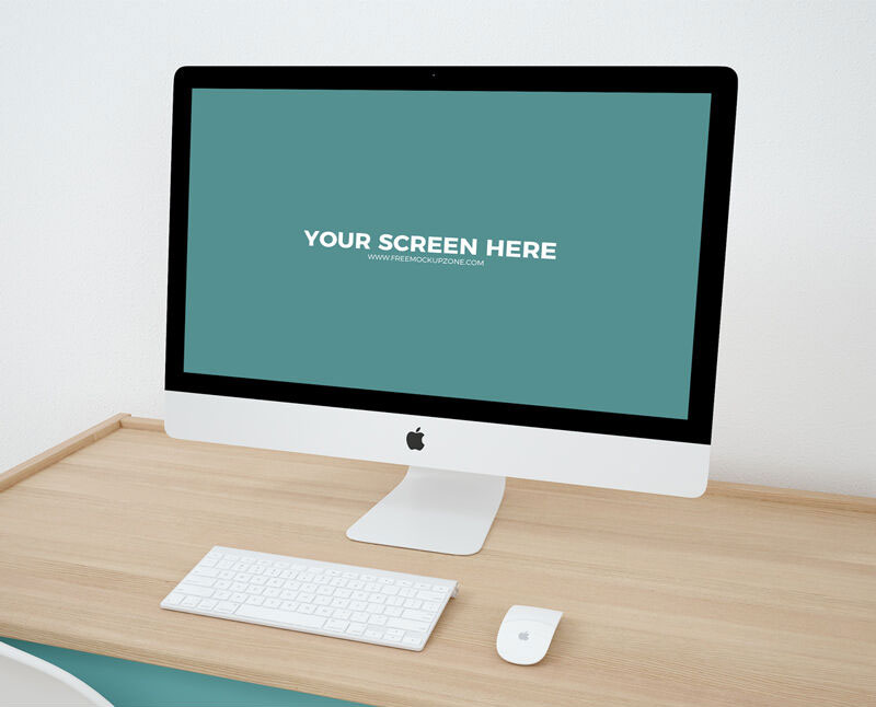 Mockup Featuring iMac on Wooden Desk in Perspective