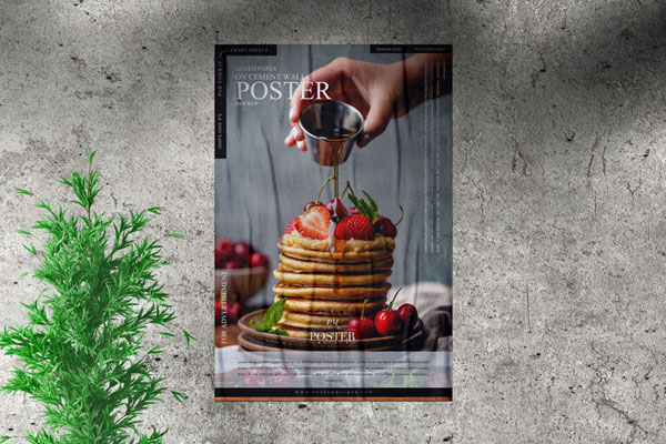 Mockup Featuring Paper Poster Glued on Cement Wall Decorated with Plant and Overlaid Shadow